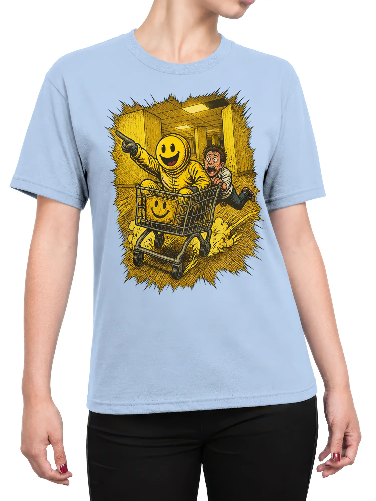 Female torso wearing a light blue T-shirt with a smiling cart rider and chaotic office escape artwork