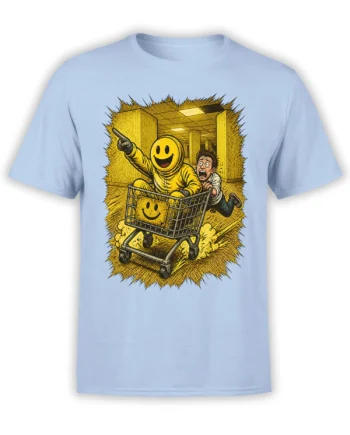 Light blue T-shirt with a smiling yellow cart rider and panicked office worker in a retro comic office scene