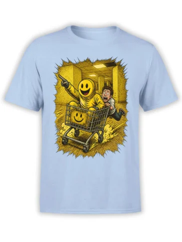 Light blue T-shirt with a smiling yellow cart rider and panicked office worker in a retro comic office scene