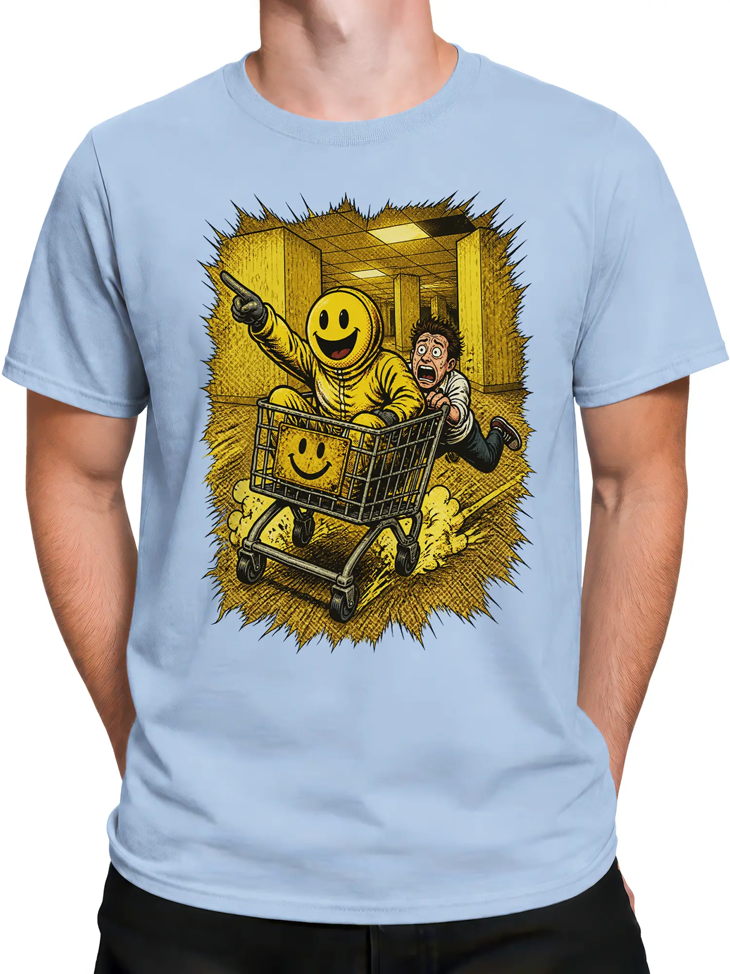 Male torso wearing a light blue T-shirt with a smiling cart rider and panicked office worker graphic