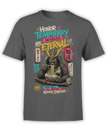 Gray ramen t-shirt with an armored samurai-style figure eating noodles beneath colorful eternal noodle lettering