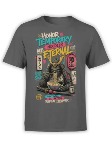 Gray ramen t-shirt with an armored samurai-style figure eating noodles beneath colorful eternal noodle lettering