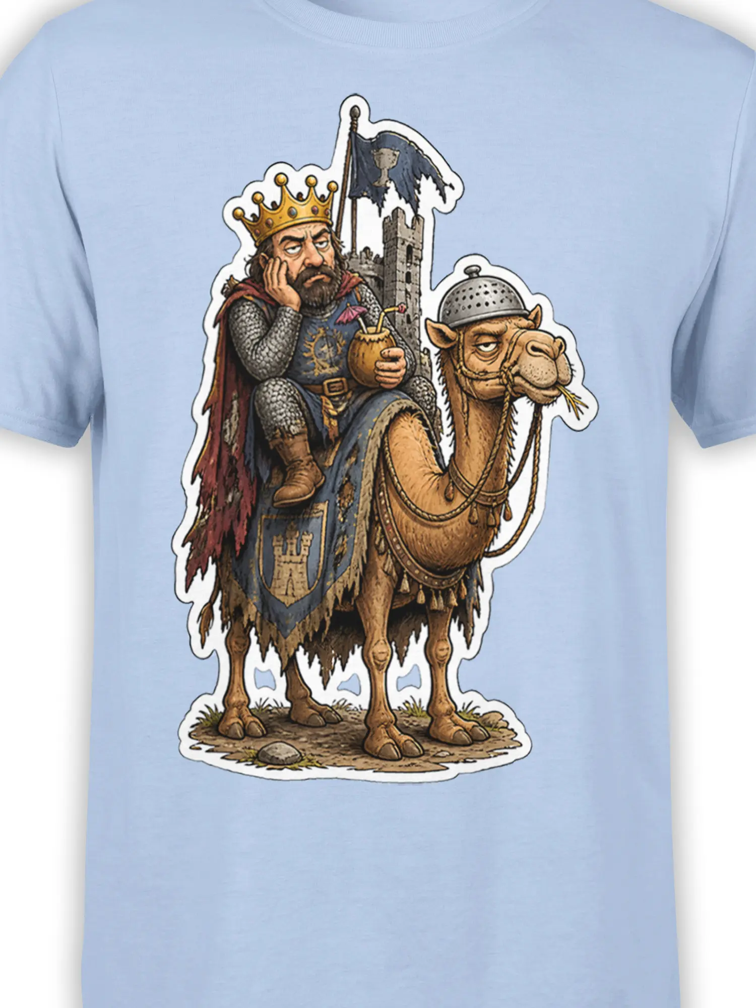 Close-up of the crowned king and helmeted dromedary in a medieval camel design on light blue fabric