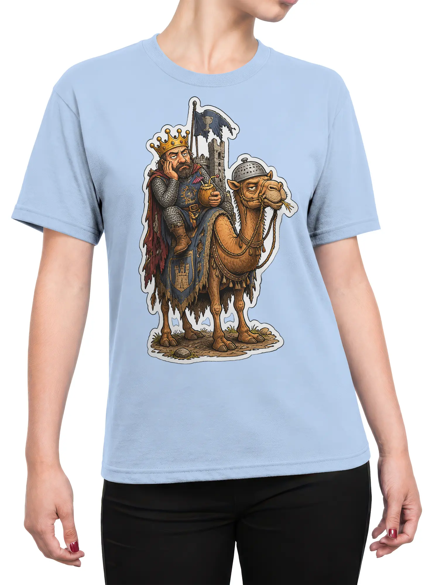 Female torso wearing a light blue T-shirt with a medieval king and armored dromedary graphic