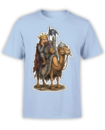 Medieval king riding an armored dromedary on a detailed light blue camel graphic T-shirt
