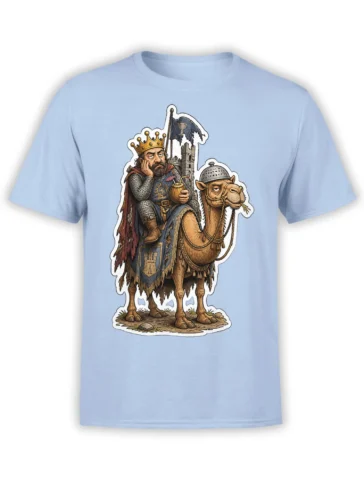 Medieval king riding an armored dromedary on a detailed light blue camel graphic T-shirt