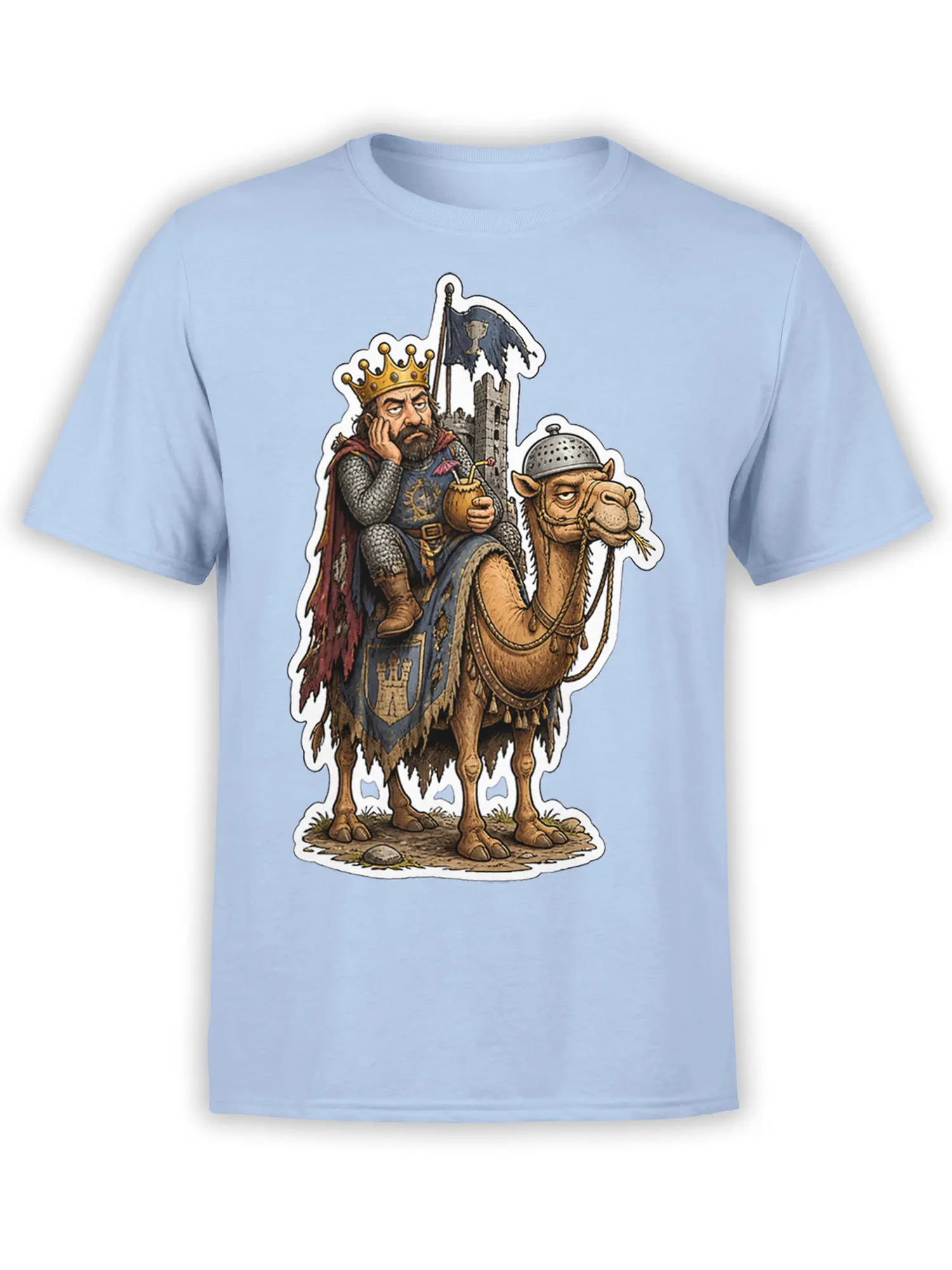 Medieval king riding an armored dromedary on a detailed light blue camel graphic T-shirt