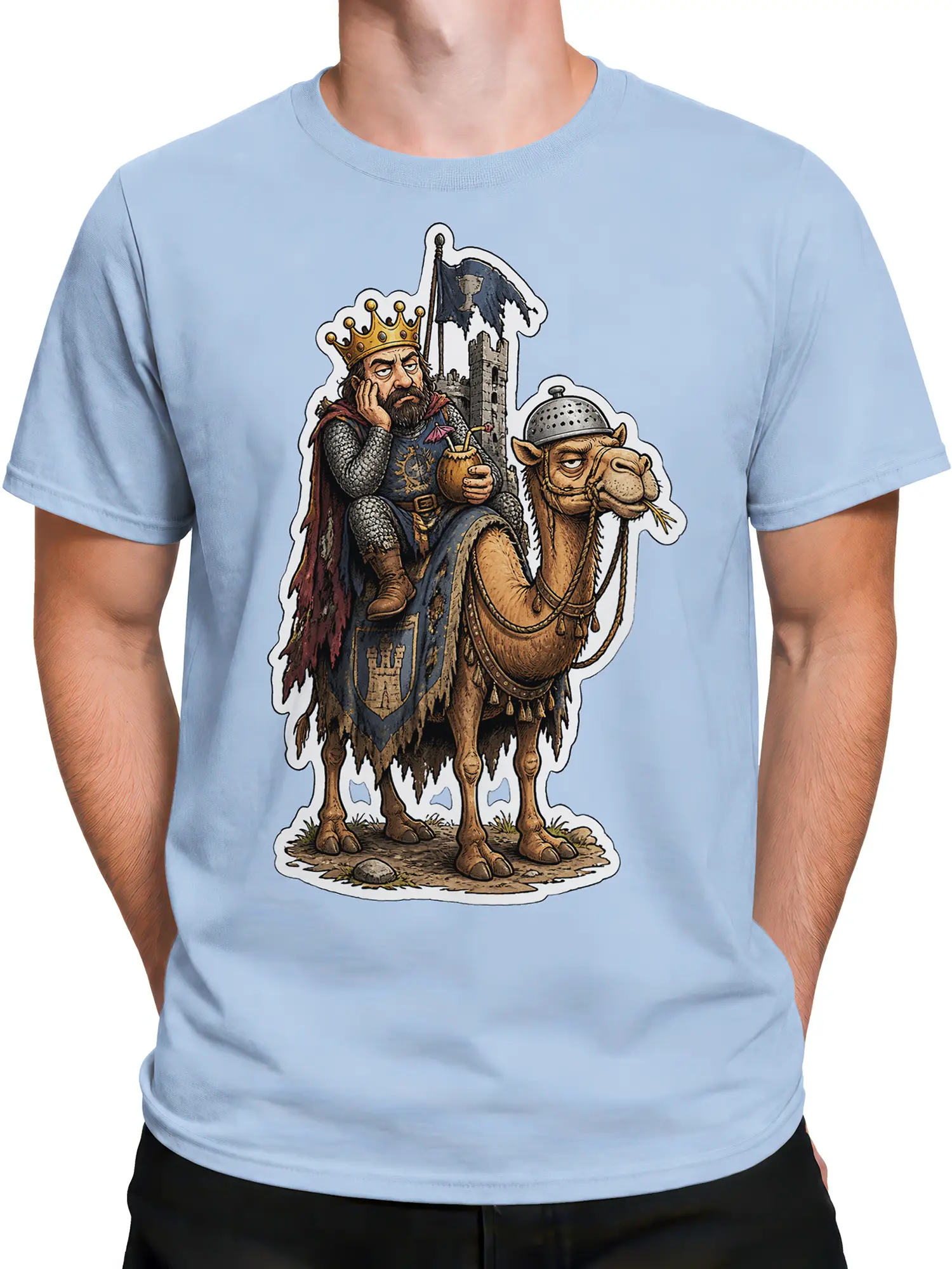 Male torso wearing a light blue medieval camel T-shirt with king and castle artwork
