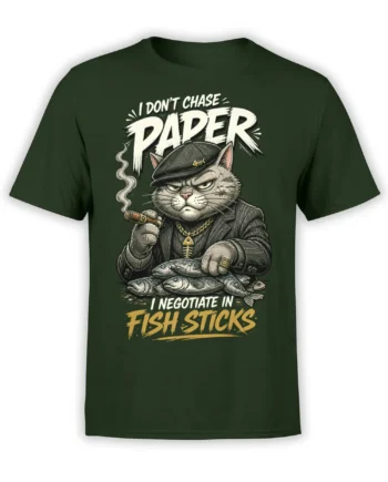 Dark green T-shirt with a suited mobster cat, cigar, fish, and “I negotiate in fish sticks” lettering