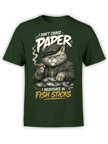 Dark green T-shirt with a suited mobster cat, cigar, fish, and “I negotiate in fish sticks” lettering