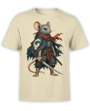 Gray mouse warrior with sword, torn blue cape, and red scarf on a beige graphic T-shirt