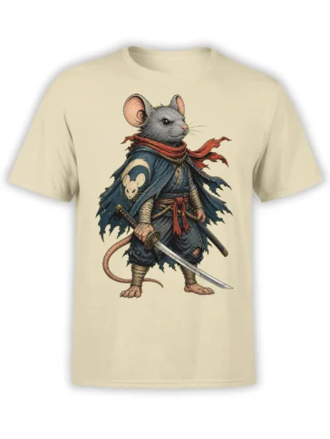 Gray mouse warrior with sword, torn blue cape, and red scarf on a beige graphic T-shirt