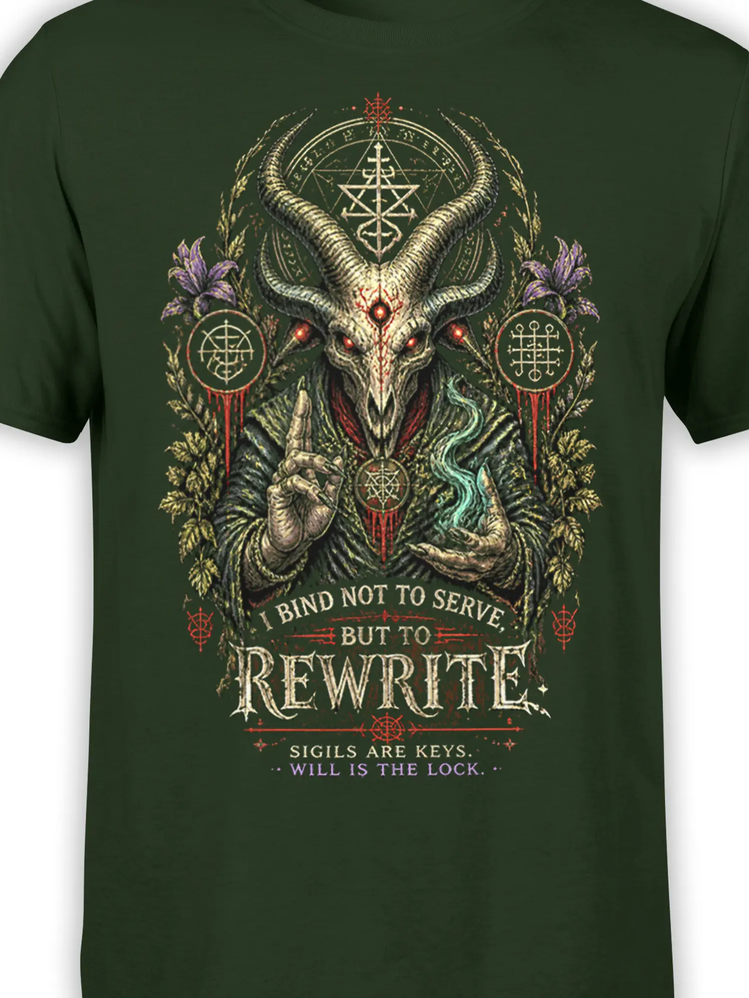 Close-up of horned demon artwork with red eyes, ritual sigils, purple flowers, and detailed lettering on green fabric