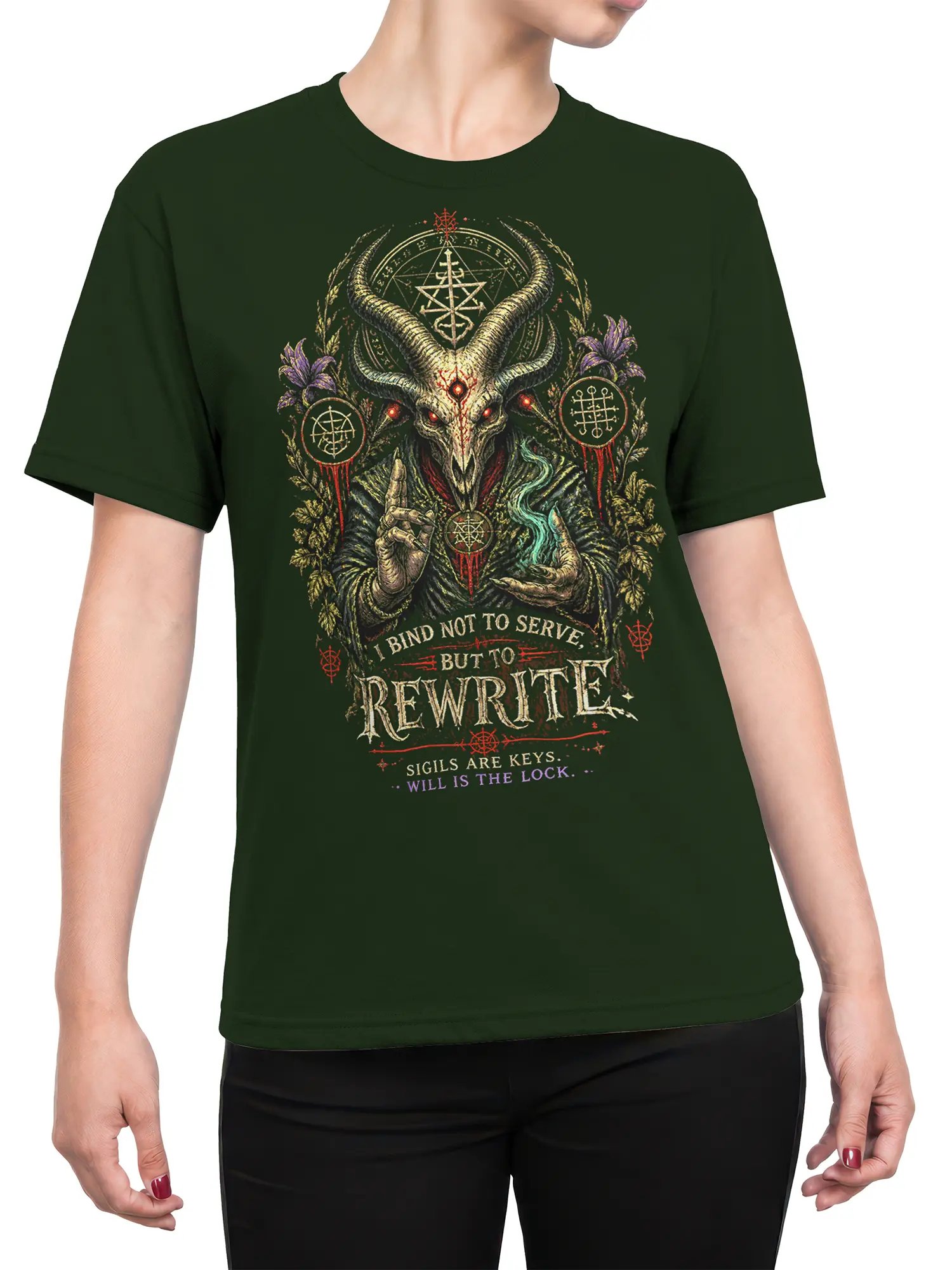 Female torso wearing a green T-shirt with a horned occult demon, arcane sigils, and mysterious fantasy lettering