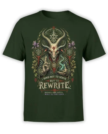 Green T-shirt with a horned occult demon, glowing red eyes, arcane sigils, and a rewrite your will message