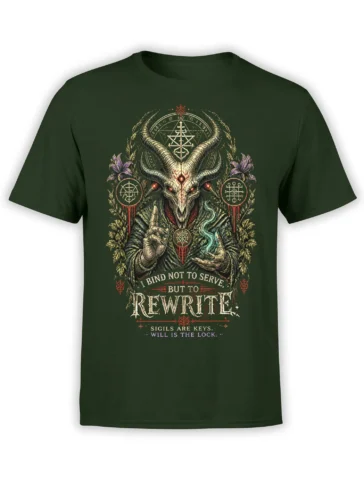 Green T-shirt with a horned occult demon, glowing red eyes, arcane sigils, and a rewrite your will message