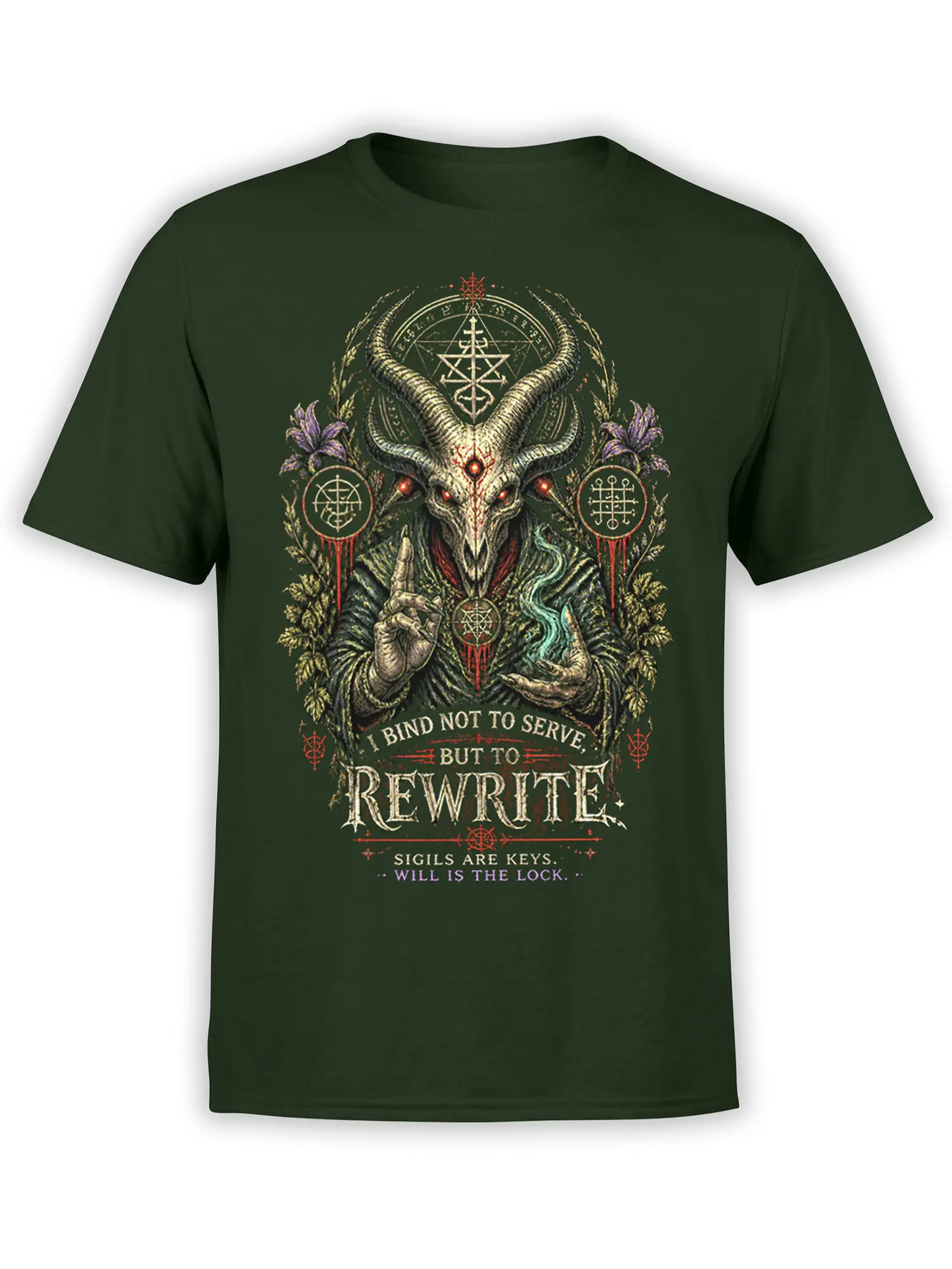 Green T-shirt with a horned occult demon, glowing red eyes, arcane sigils, and a rewrite your will message
