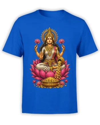 Lakshmi goddess T-shirt in blue with pink lotus flowers, jeweled details, and cascading golden coins