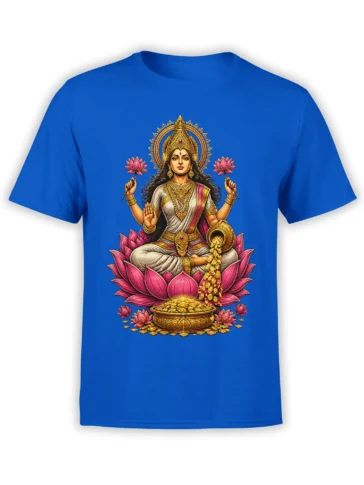Lakshmi goddess T-shirt in blue with pink lotus flowers, jeweled details, and cascading golden coins