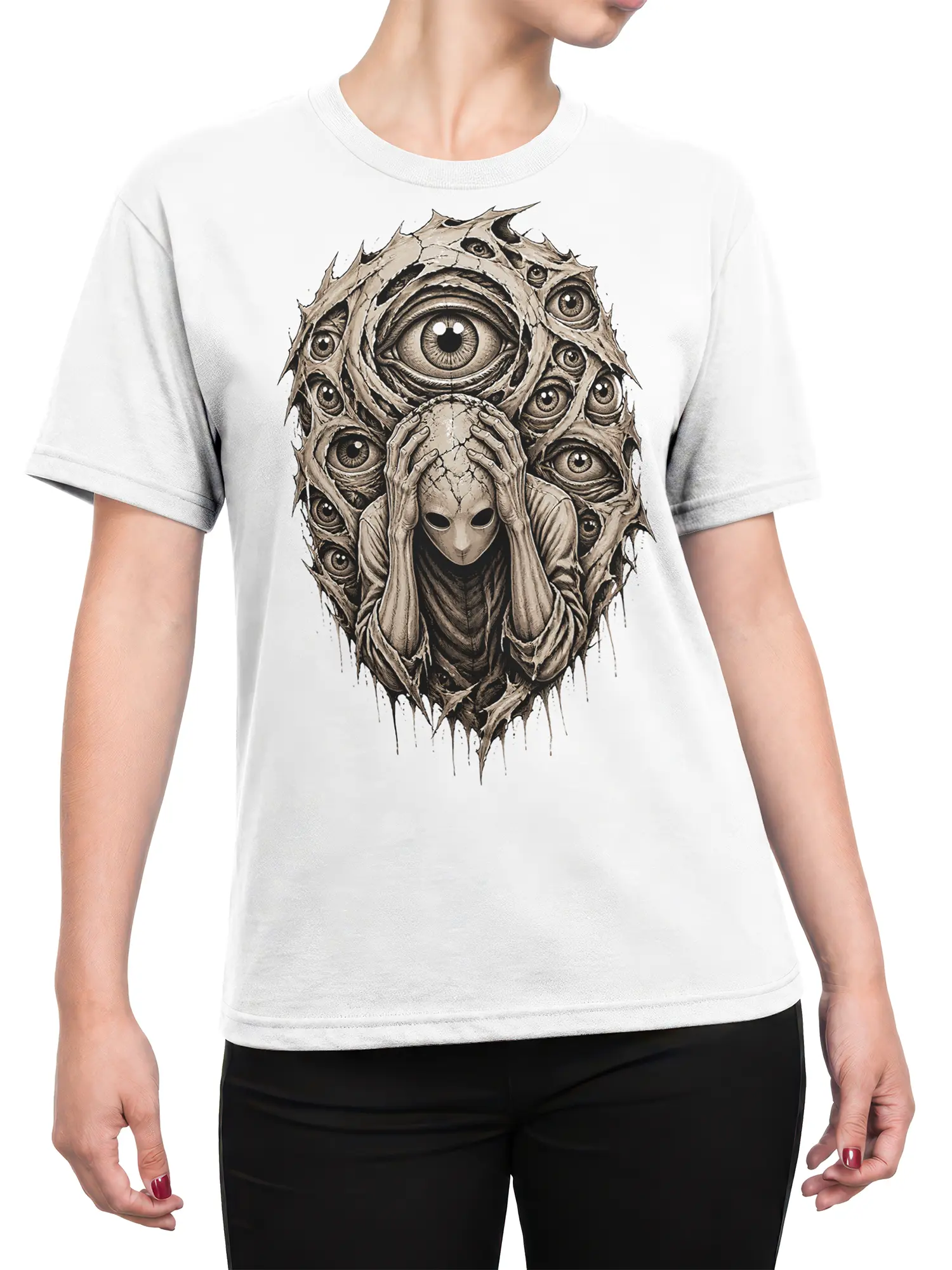 Female torso wearing a white alien graphic tee with a surreal multi-eyed horror illustration