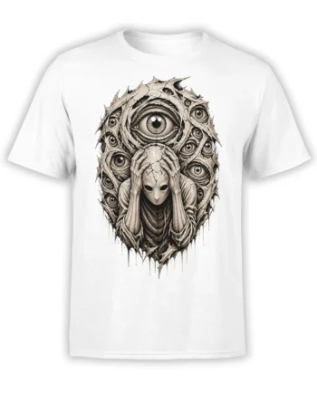 White alien t-shirt with a multi-eyed figure, central eye, and torn organic frame in sepia horror artwork