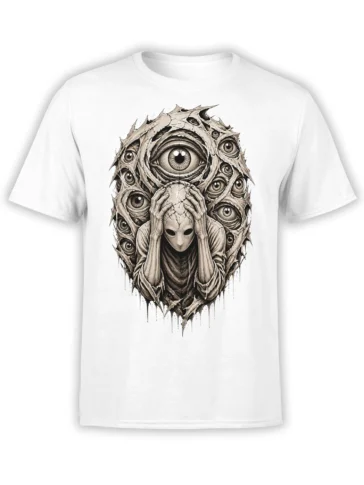 White alien t-shirt with a multi-eyed figure, central eye, and torn organic frame in sepia horror artwork
