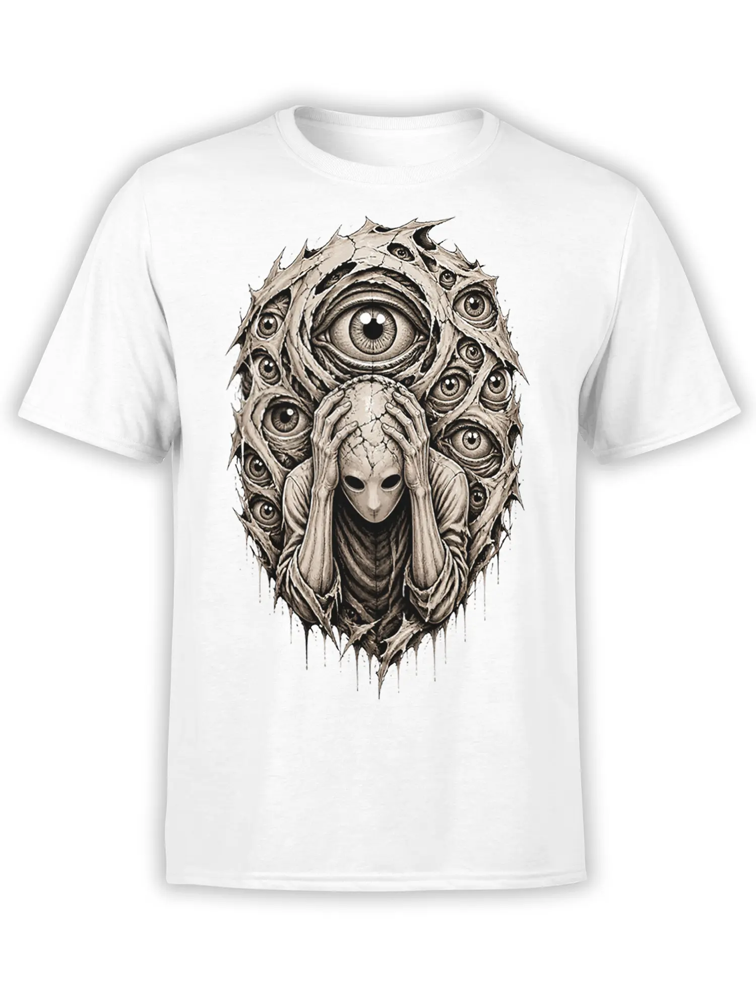 White alien t-shirt with a multi-eyed figure, central eye, and torn organic frame in sepia horror artwork