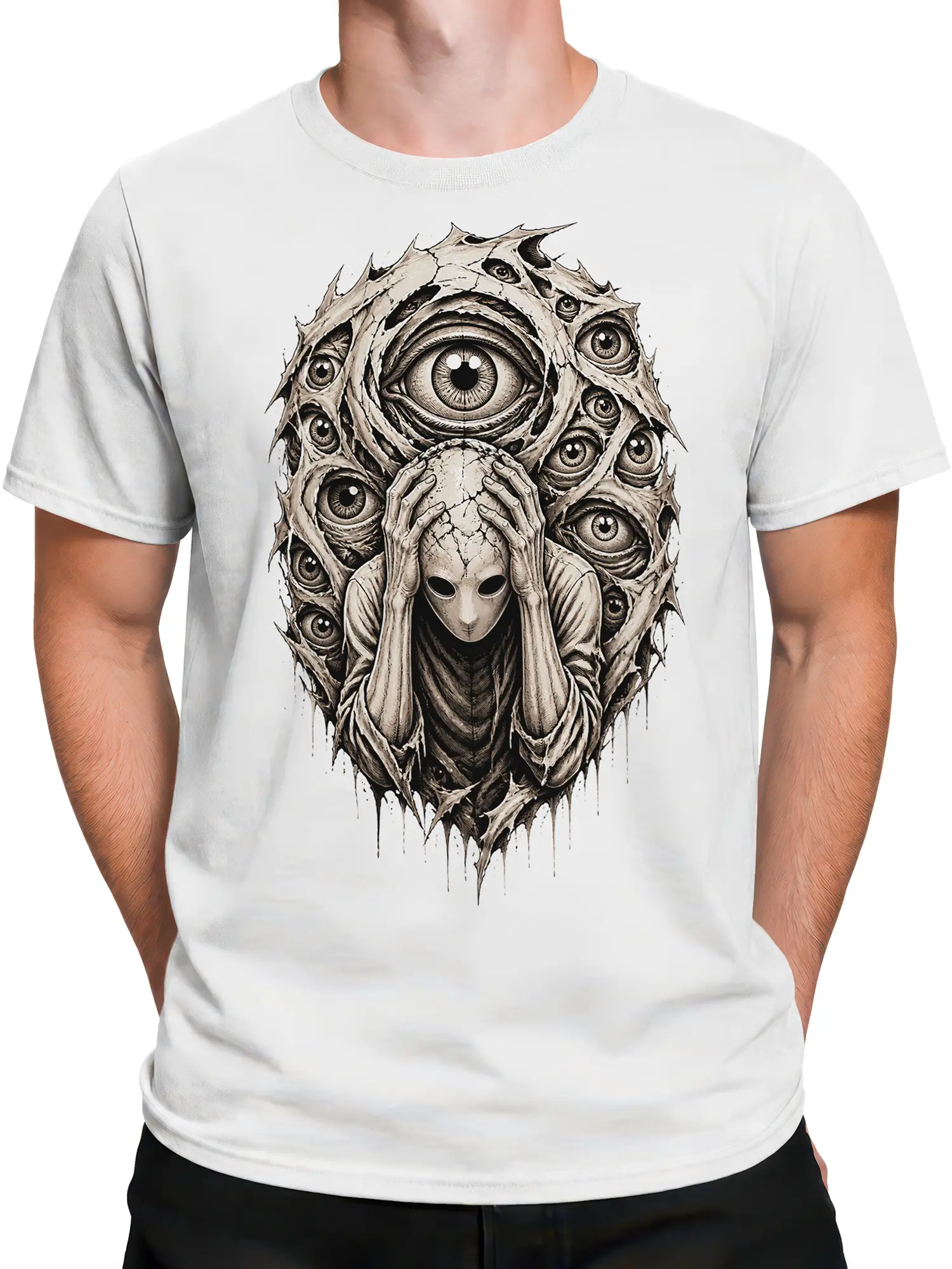 Male torso wearing a white alien t-shirt with a multi-eyed surreal horror design
