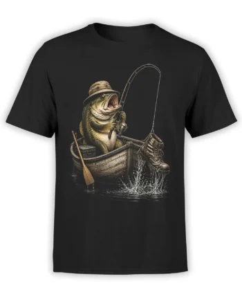 Vintage fish fishing boat design with bucket hat, rod, reel, oar, and boot on a black T-shirt