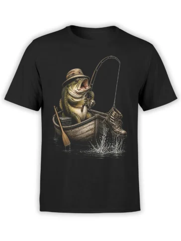 Vintage fish fishing boat design with bucket hat, rod, reel, oar, and boot on a black T-shirt