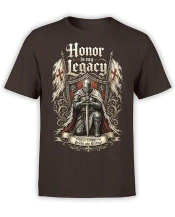 Brown T-shirt with armored medieval knight, sword, shield, banners, and gothic honor lettering