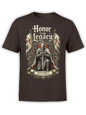 Brown T-shirt with armored medieval knight, sword, shield, banners, and gothic honor lettering