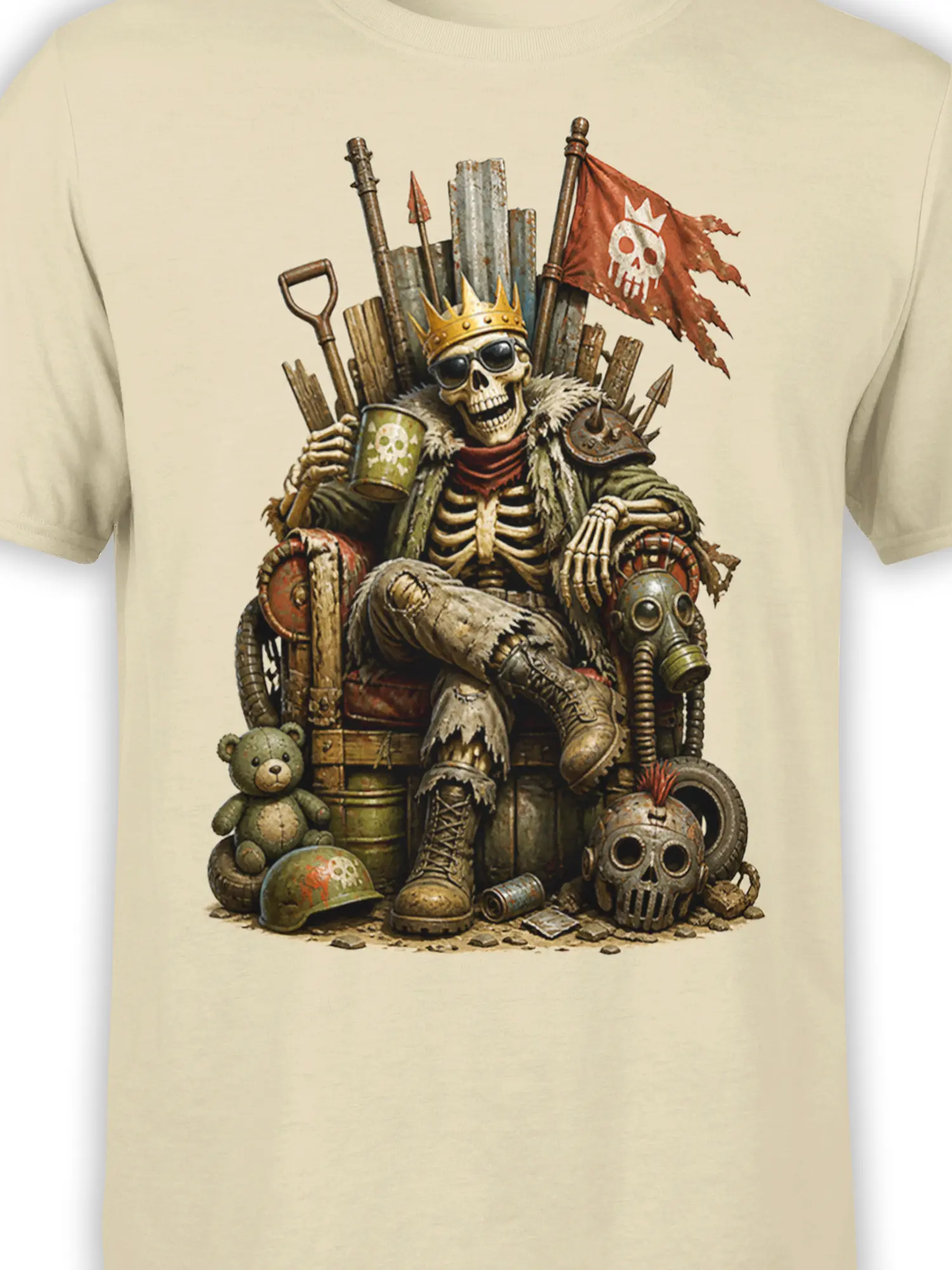 Close-up of crowned skeleton artwork with sunglasses, armor, pirate flag, gas mask, and teddy bear on beige fabric