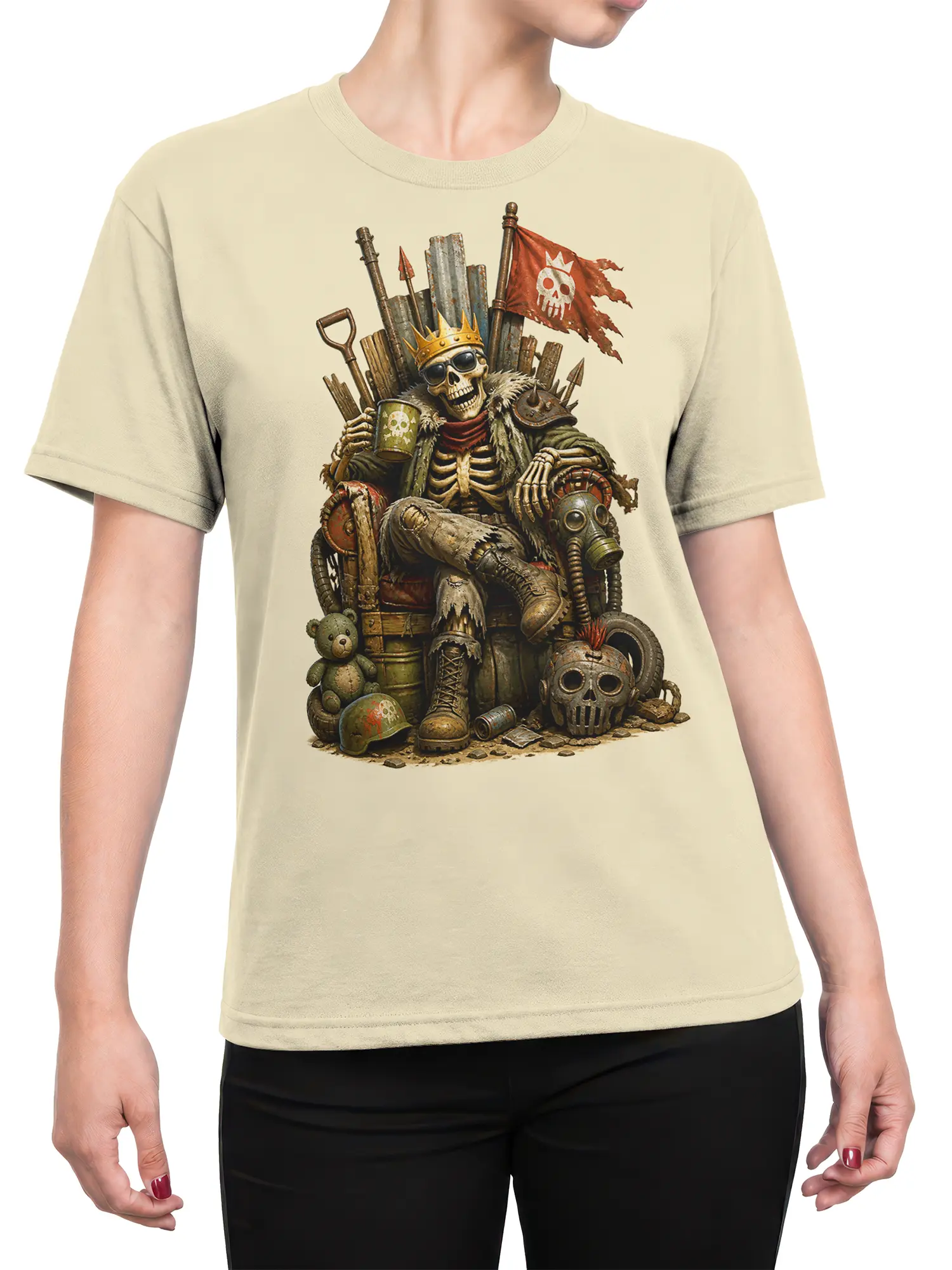 Female torso wearing a beige crowned skeleton king T-shirt with pirate flag and post-apocalyptic artwork