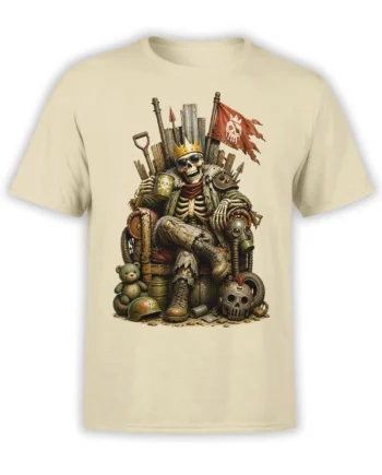 Beige T-shirt with a crowned skeleton king seated on a throne beneath a pirate flag