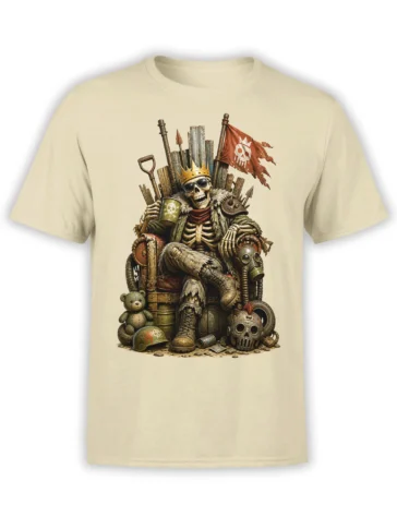 Beige T-shirt with a crowned skeleton king seated on a throne beneath a pirate flag