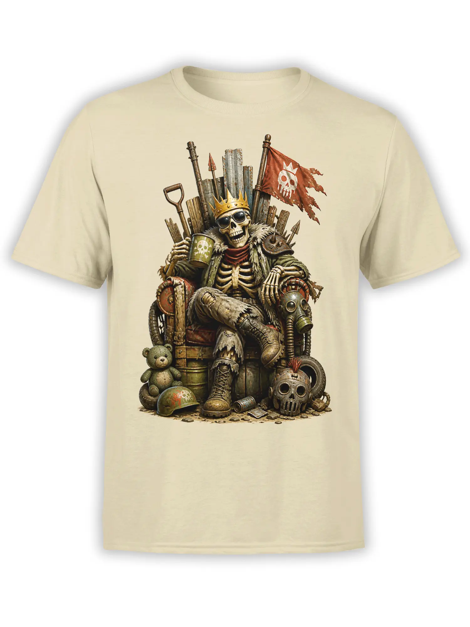 Beige T-shirt with a crowned skeleton king seated on a throne beneath a pirate flag