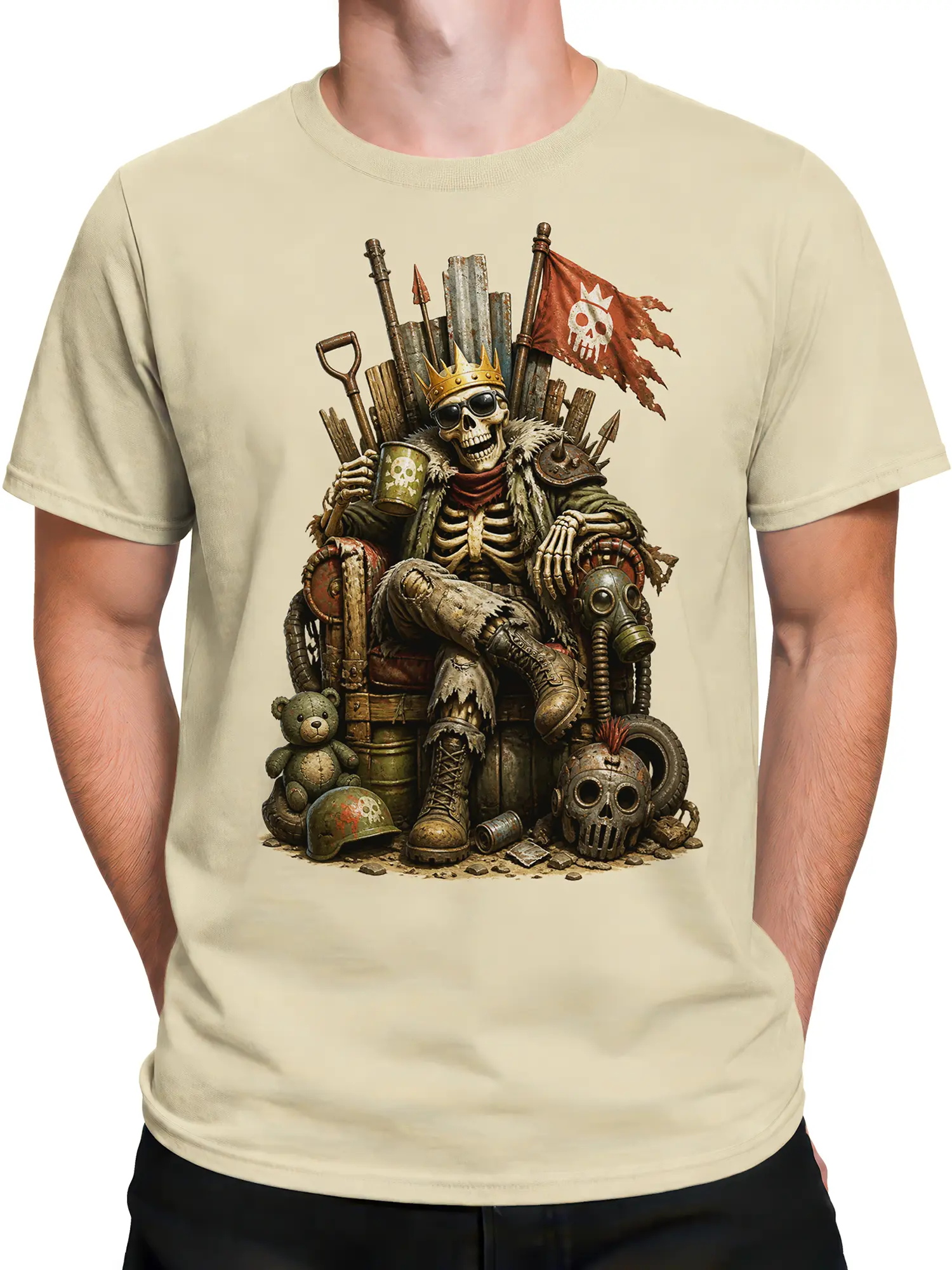 Male torso wearing a beige crowned skeleton king T-shirt with pirate flag and wasteland artwork