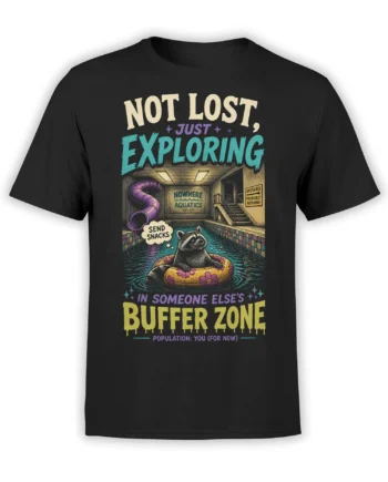 Black T-shirt with a retro raccoon floating in a pool and the words Not Lost, Just Exploring