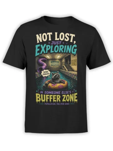 Black T-shirt with a retro raccoon floating in a pool and the words Not Lost, Just Exploring