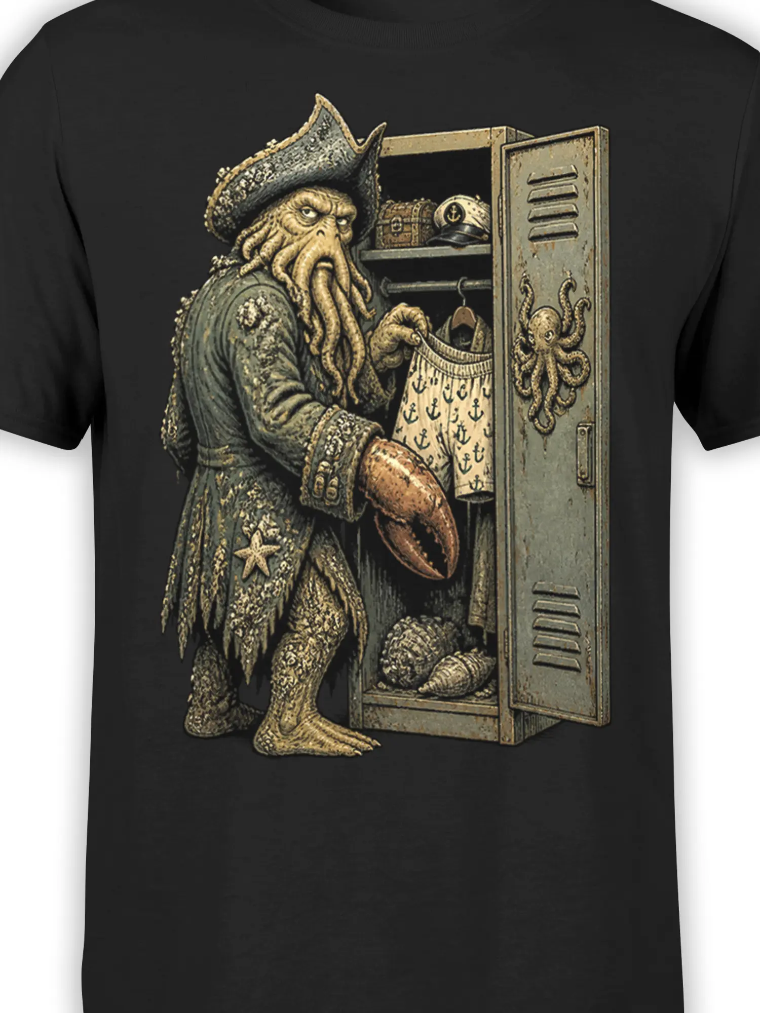Close-up of the octopus pirate, captain’s hat, treasure chest, starfish coat detail, and nautical locker on black