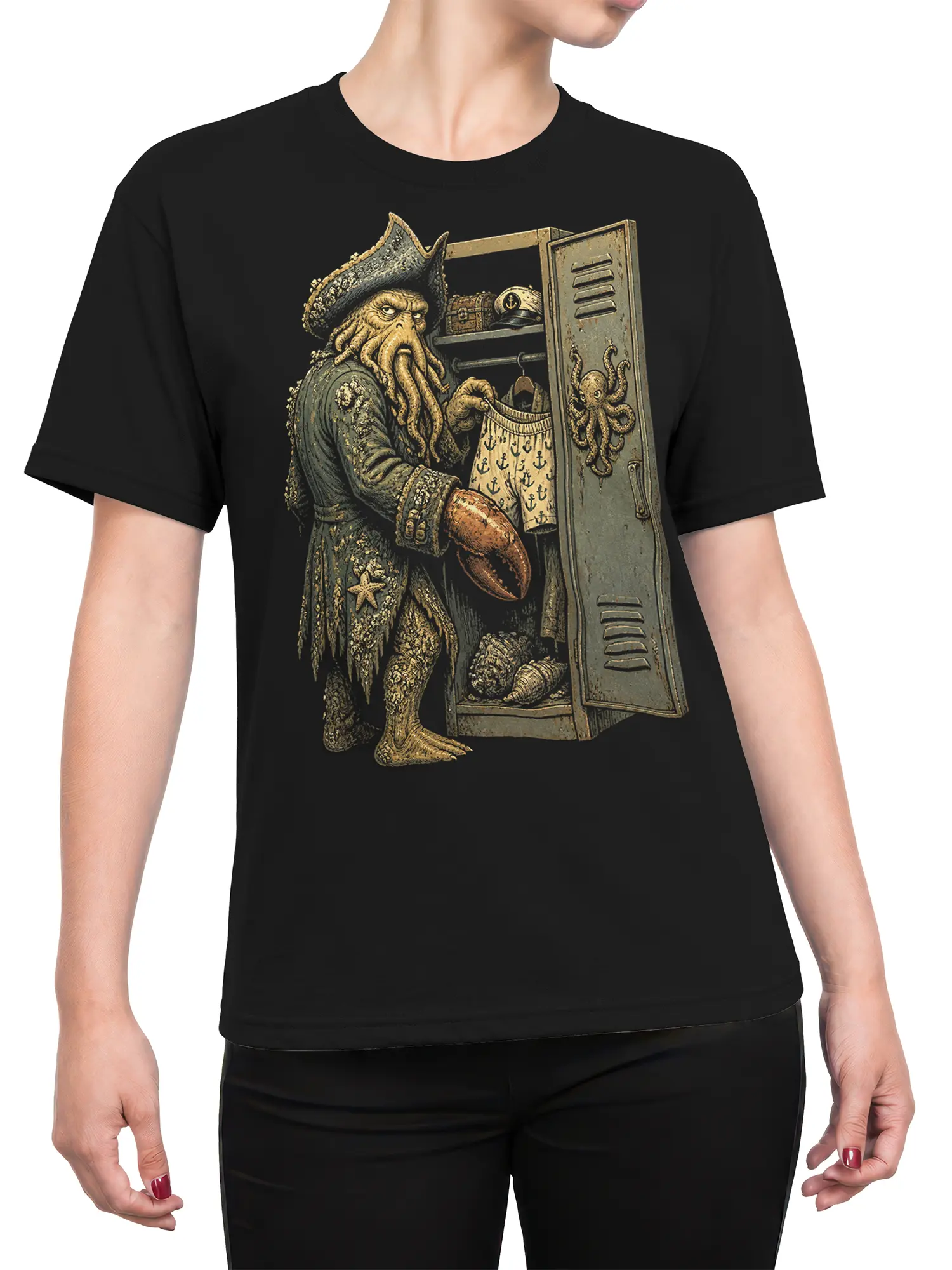 Female torso wearing a black shirt with a vintage octopus pirate and nautical locker graphic