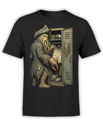 Vintage octopus pirate graphic on a black shirt beside an open locker filled with nautical treasures