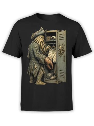 Vintage octopus pirate graphic on a black shirt beside an open locker filled with nautical treasures
