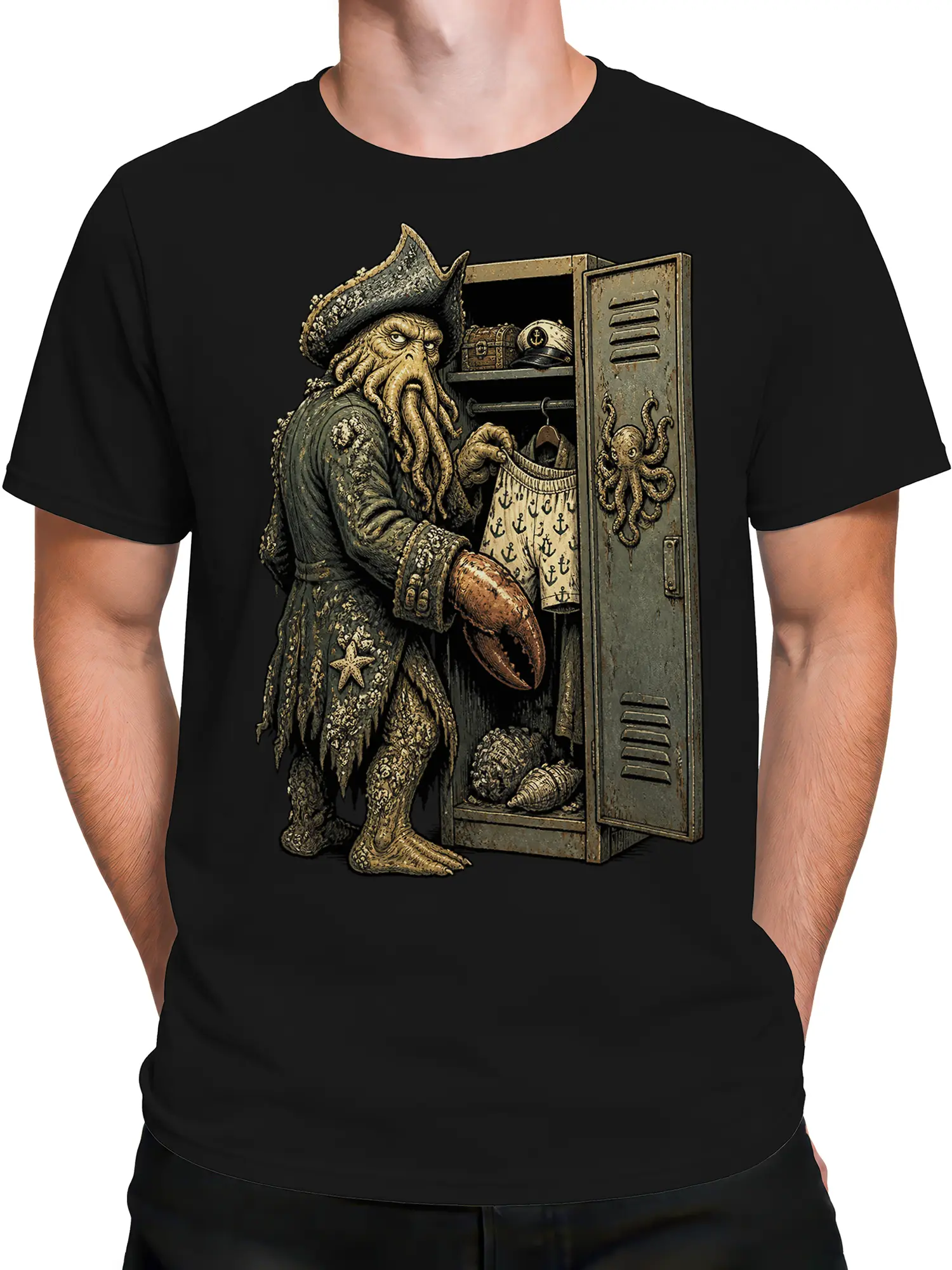 Male torso wearing a black shirt with a vintage octopus pirate and treasure locker graphic
