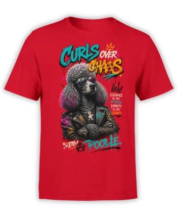 Red T-shirt featuring a punk poodle in sunglasses and a leather jacket with colorful graffiti lettering