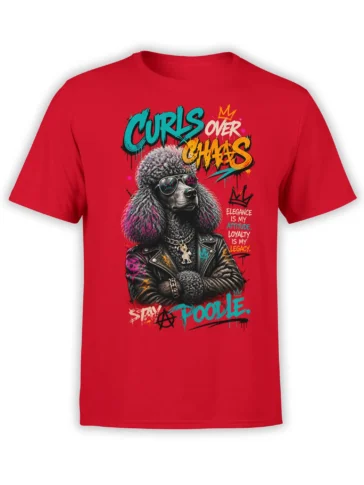 Red T-shirt featuring a punk poodle in sunglasses and a leather jacket with colorful graffiti lettering