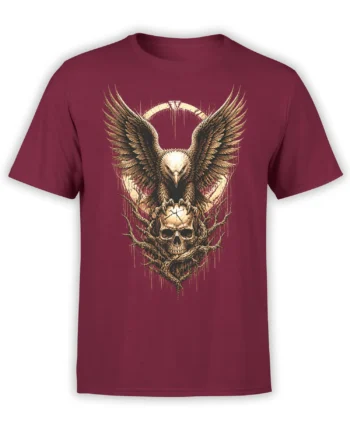 Winged eagle and skull graphic printed on a burgundy T-shirt with distressed branches and halo details