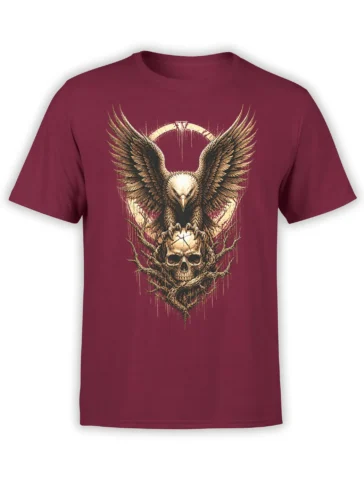 Winged eagle and skull graphic printed on a burgundy T-shirt with distressed branches and halo details
