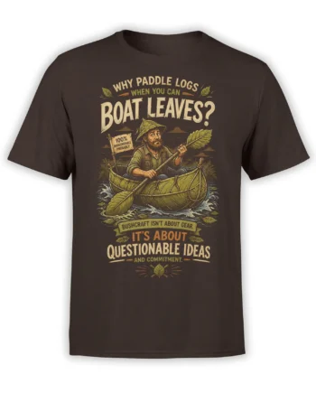 Brown bushcraft T-shirt with a bearded man paddling a leaf boat and funny outdoor lettering